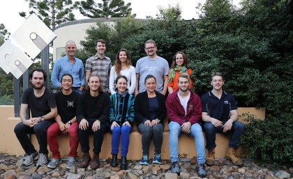 Some of the successful ilab UQ's Germinate 10 start-ups with ilab UQ Director Bernie Woodcroft (standing left) 